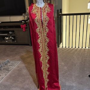Red Embroidered Long Kaftan Dress with Gold Trim
